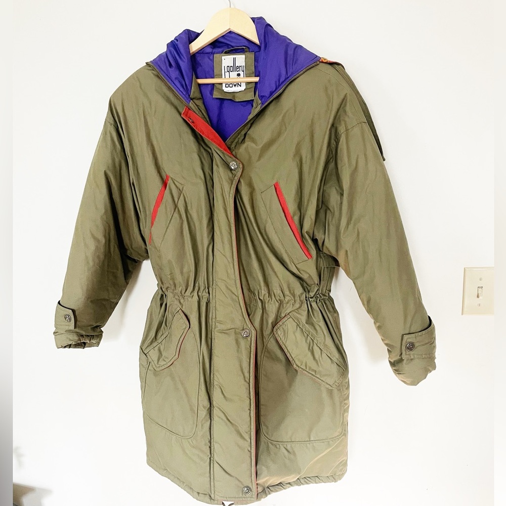 Vintage J.Gallery Duck Down Green Hooded Parka Coat Women’s Size Large Pockets